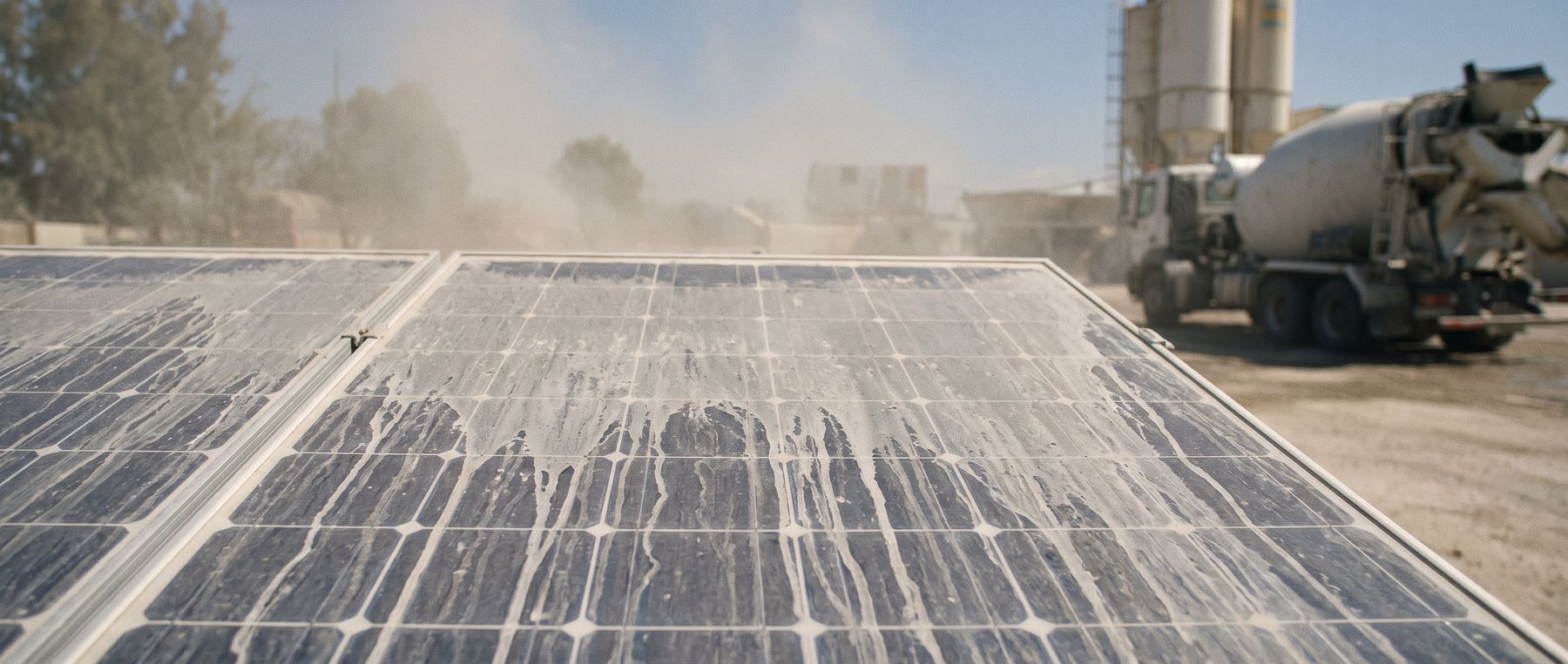 Solarmodule mit Zementstaub-Kruste und Laufspuren