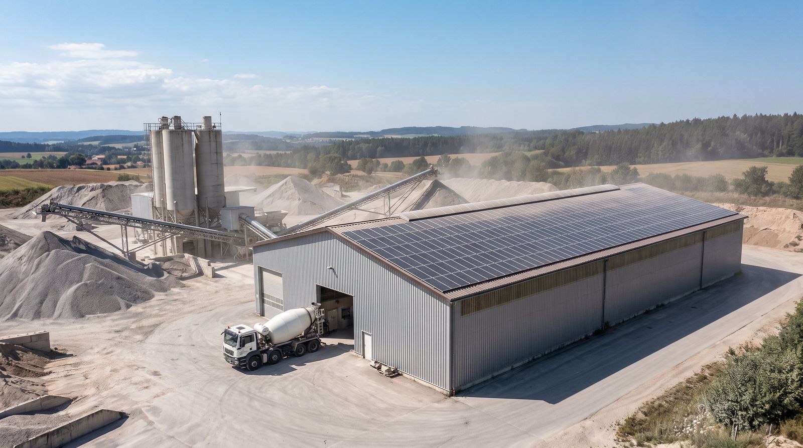 Betonwerk mit Silos und Photovoltaikanlage auf dem Hallendach
