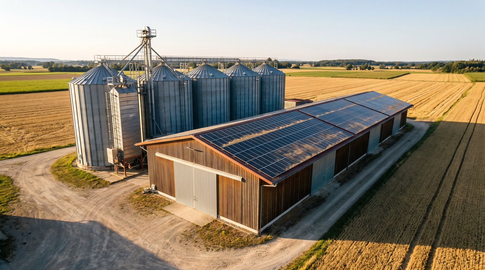 Getreidelager mit Silos und Photovoltaikanlage auf der Lagerhalle