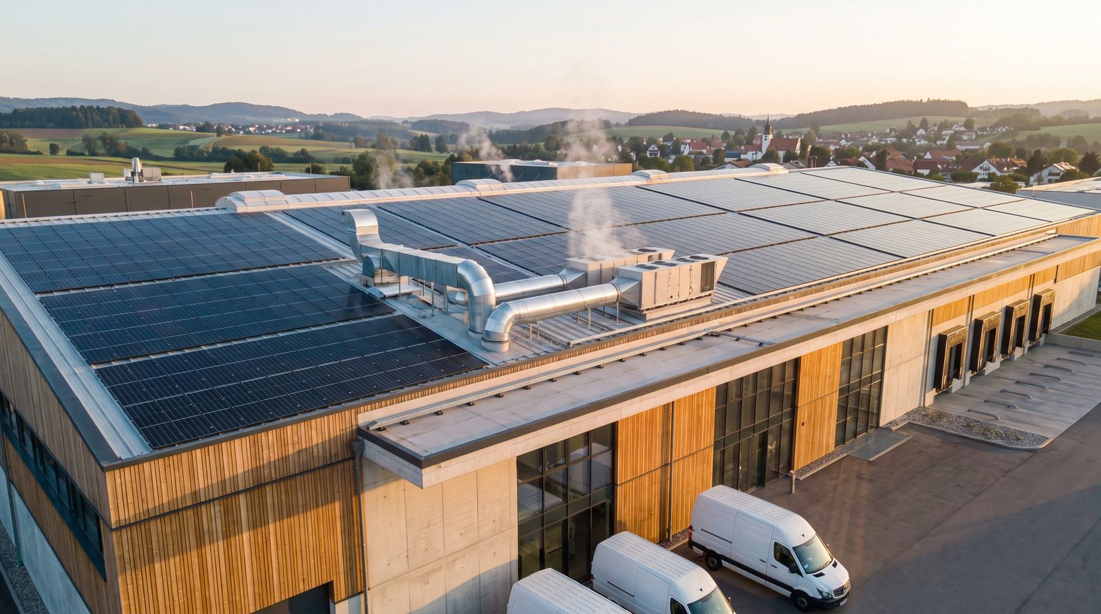 Großbäckerei mit Photovoltaikanlage und Abluftrohren auf dem Dach