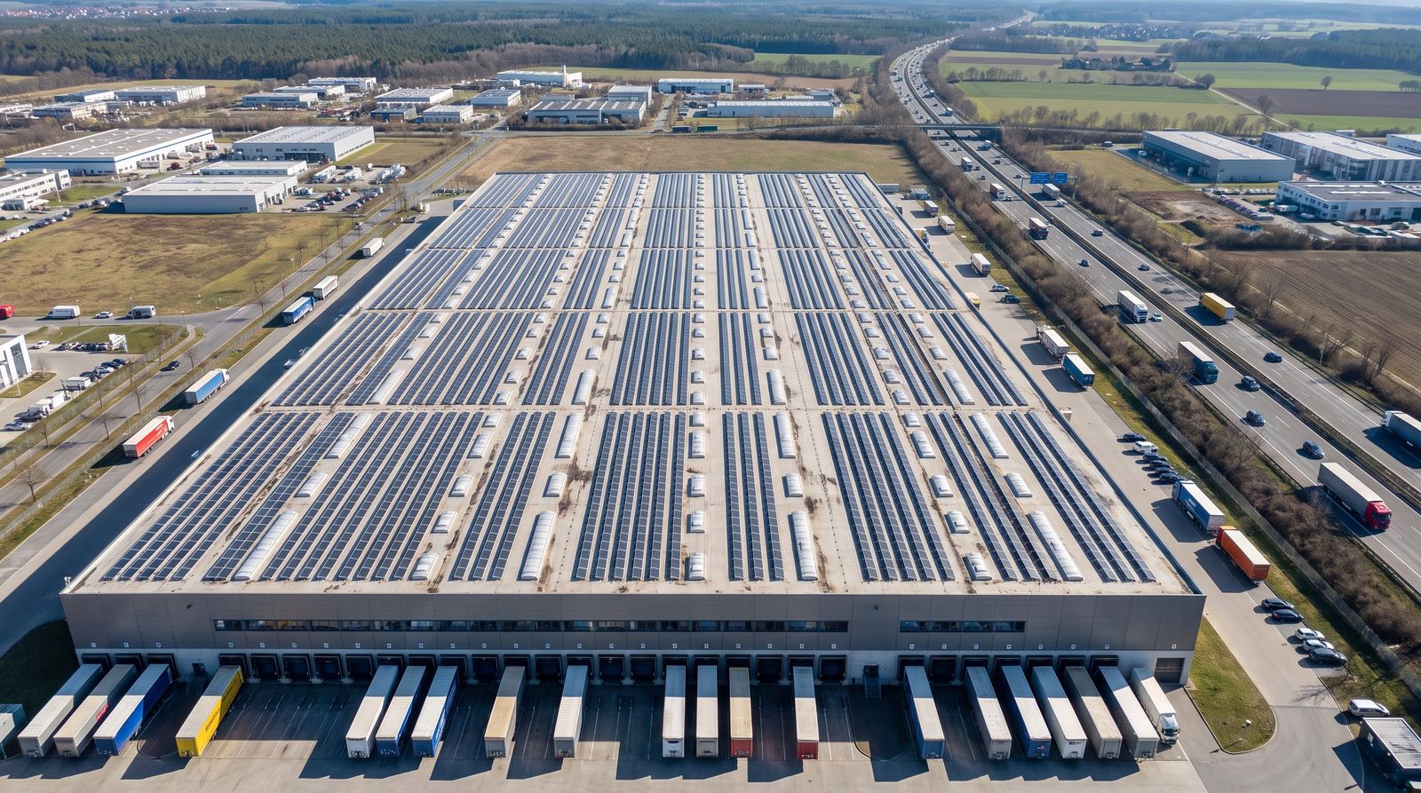 Logistikzentrum an der Autobahn mit Photovoltaikanlage auf dem Flachdach