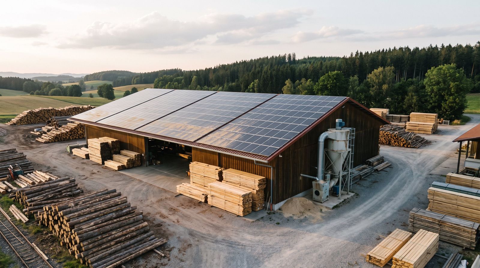 Sägewerk mit Photovoltaikanlage auf dem Hallendach und Holzlager